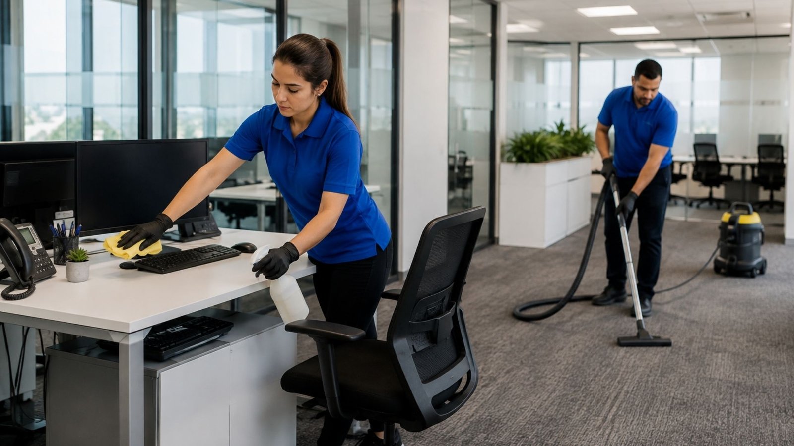 Commercial cleaning crew performing office cleaning services for a Twin Cities business